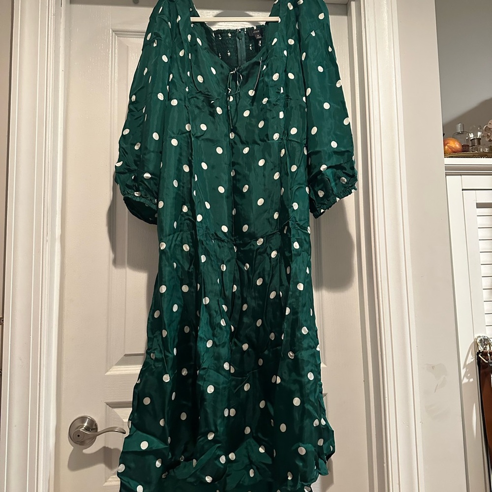 JCrew NWT Sweetheart Long-sleeve Midi Dress in Green polka dot, size 18 - Picture 6 of 7